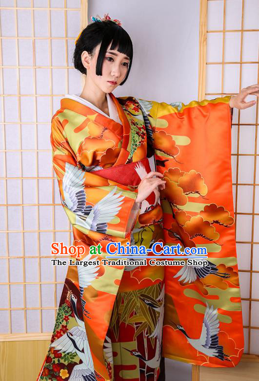 Asian Japan Court Bride Furisode Kimono Costume Japanese Traditional Wedding Printing Crane Red Satin Yukata Dress Apparels