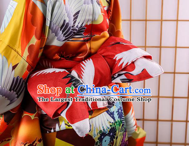 Asian Japan Court Bride Furisode Kimono Costume Japanese Traditional Wedding Printing Crane Red Satin Yukata Dress Apparels