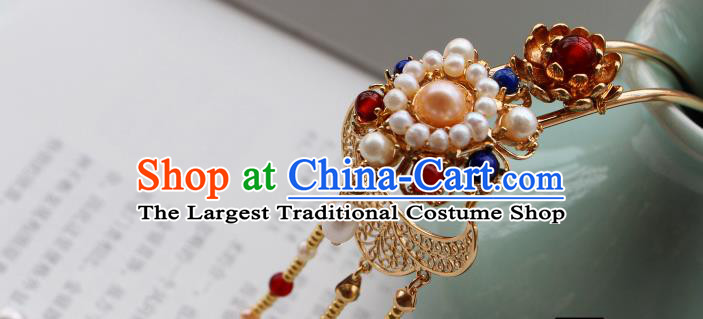 China Ancient Imperial Empress Hairpin Traditional Ming Dynasty Palace Lady Golden Beads Tassel Hair Stick