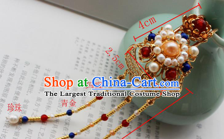 China Ancient Imperial Empress Hairpin Traditional Ming Dynasty Palace Lady Golden Beads Tassel Hair Stick
