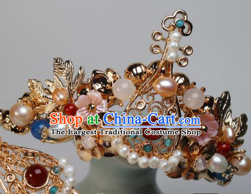 China Ancient Court Woman Headwear Hairpin Traditional Tang Dynasty Palace Lady Golden Lute Hair Crown