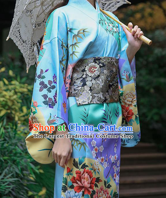Asian Japan Young Lady Printing Peony Kimono Dress Japanese Traditional Light Blue Yukata Costume