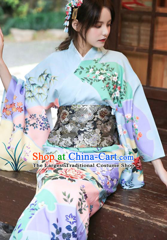 Asian Japan Young Lady Printing Peony Kimono Dress Japanese Traditional Light Blue Yukata Costume