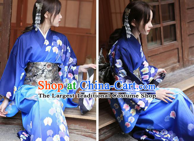 Japanese Traditional Young Woman Yukata Costume Asian Japan Printing Royalblue Kimono Dress