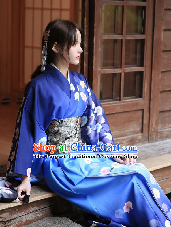 Japanese Traditional Young Woman Yukata Costume Asian Japan Printing Royalblue Kimono Dress
