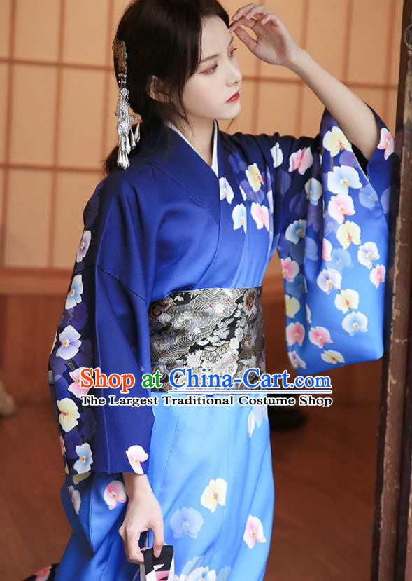 Japanese Traditional Young Woman Yukata Costume Asian Japan Printing Royalblue Kimono Dress