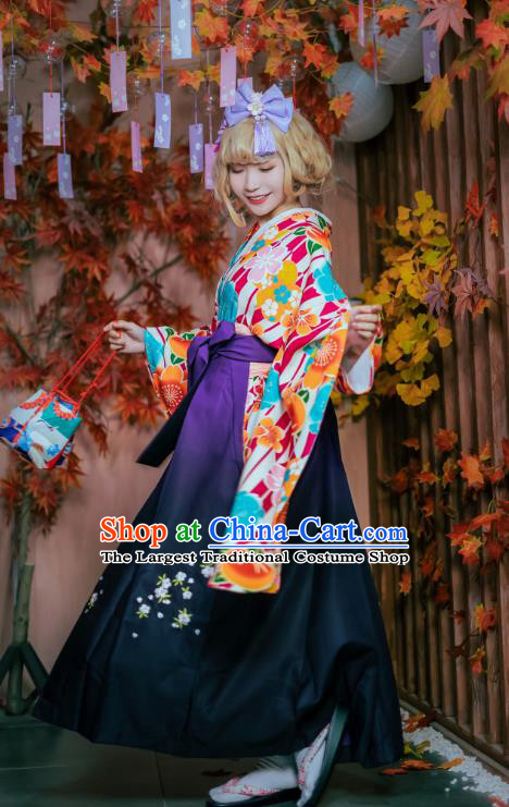 Japanese Traditional Young Lady Costumes Asian Japan Cosplay Kimono Printing Blouse and Hakama Pants