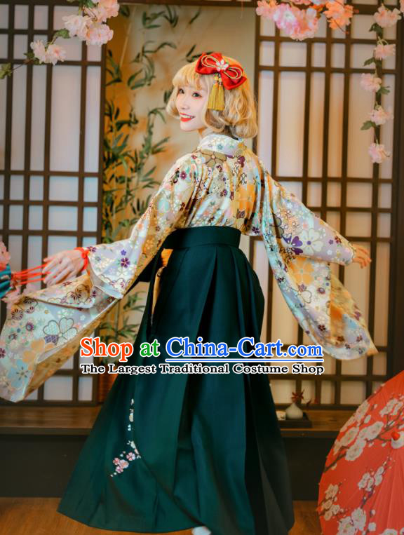 Asian Japan Cosplay Kimono Printing Sakura Blouse and Green Hakama Pants Japanese Traditional Young Lady Costumes