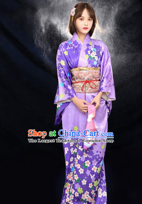 Asian Japan Printing Sakura Furisode Kimono Costume Japanese Traditional Young Lady Violet Yukata Dress