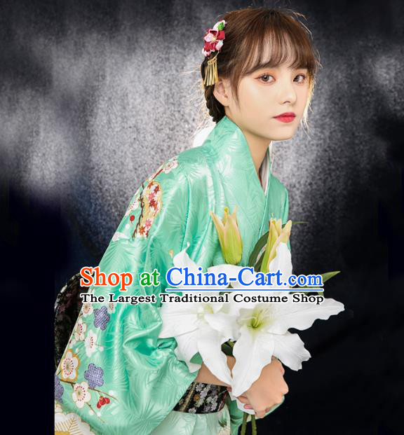 Asian Japan Light Green Tomesode Kimono Costume Japanese Traditional Young Lady Printing Plum Bamboo Yukata Dress