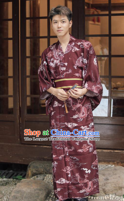 Asian Japan Traditional Printing Dragon Wine Red Yukata Robe Japanese Cosplay Warrior Samurai Clothing
