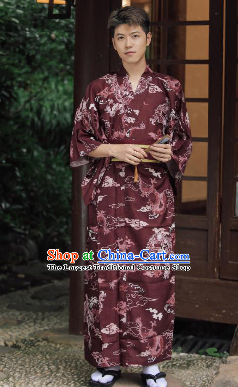 Asian Japan Traditional Printing Dragon Wine Red Yukata Robe Japanese Cosplay Warrior Samurai Clothing
