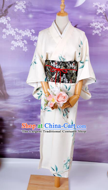 Asian Japan Edo Komon Kimono Costume Japanese Traditional Young Lady Printing Pear Blossom White Yukata Dress
