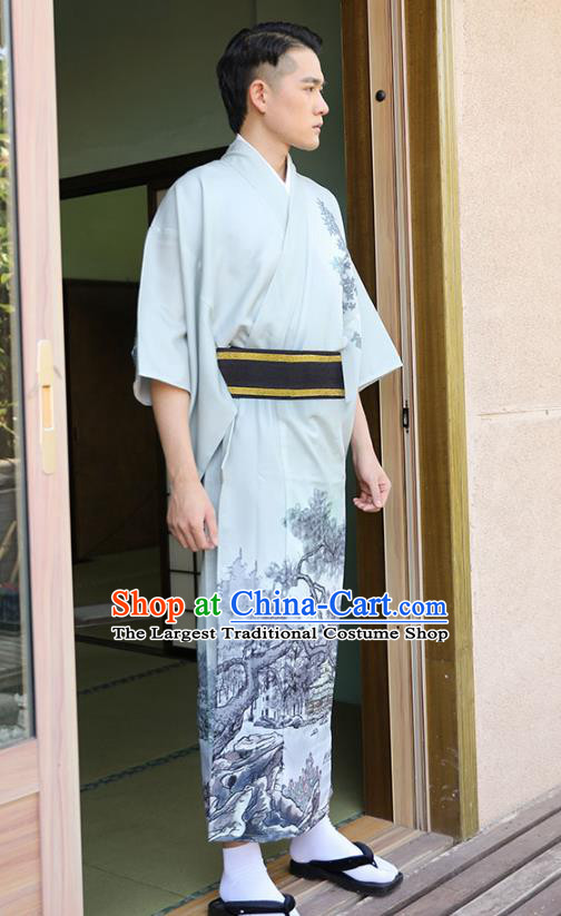 Asian Japan Traditional Printing Grey Yukata Robe Japanese Cosplay Samurai Clothing for Men