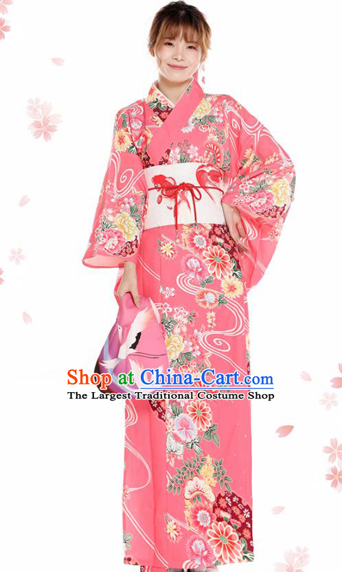Asian Japan Summer Festival Pink Kimono Costume Japanese Traditional Young Lady Printing Chrysanthemum Yukata Dress