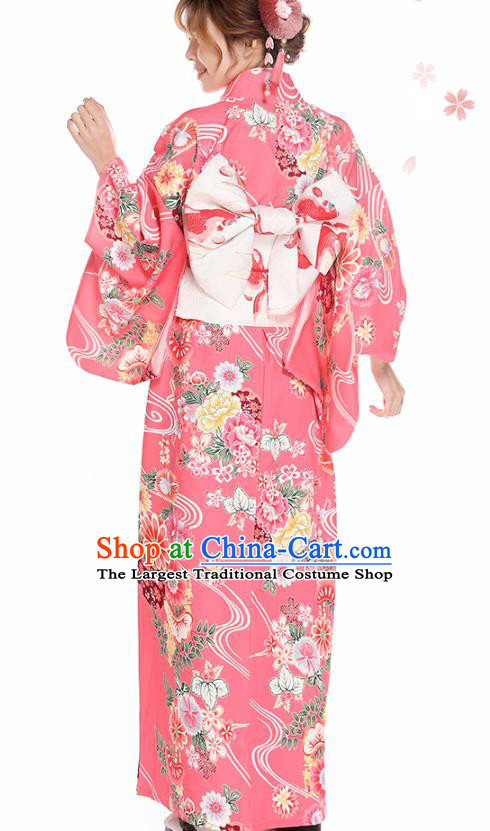 Asian Japan Summer Festival Pink Kimono Costume Japanese Traditional Young Lady Printing Chrysanthemum Yukata Dress