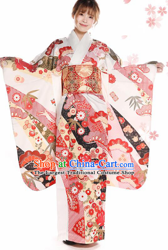 Asian Japan Printing Peony Furisode Kimono Costume Japanese Traditional Wedding Bride Yukata Dress