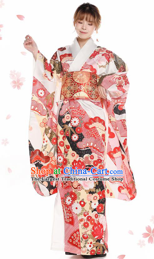 Asian Japan Printing Peony Furisode Kimono Costume Japanese Traditional Wedding Bride Yukata Dress