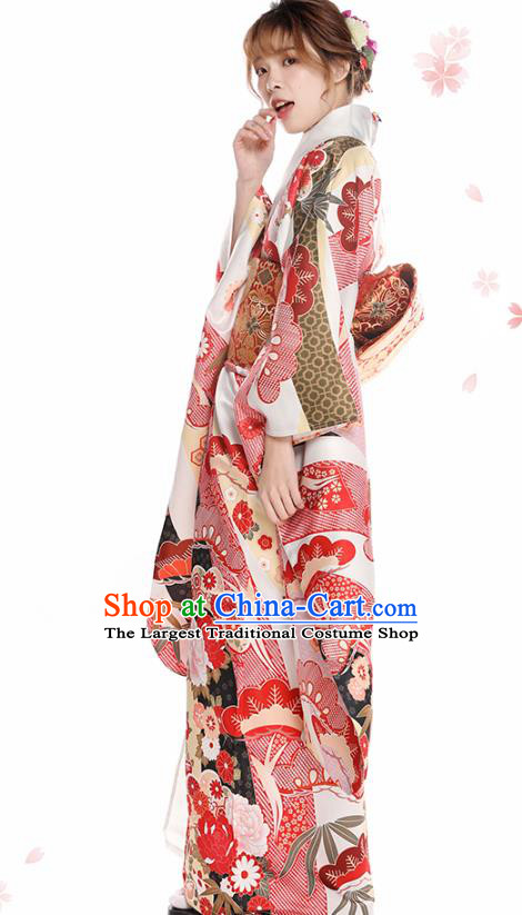 Asian Japan Printing Peony Furisode Kimono Costume Japanese Traditional Wedding Bride Yukata Dress
