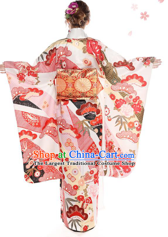 Asian Japan Printing Peony Furisode Kimono Costume Japanese Traditional Wedding Bride Yukata Dress