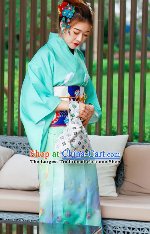 Asian Japan Printing Peacock Kimono Costume Japanese Traditional Wedding Bride Green Yukata Dress