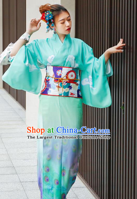 Asian Japan Printing Peacock Kimono Costume Japanese Traditional Wedding Bride Green Yukata Dress