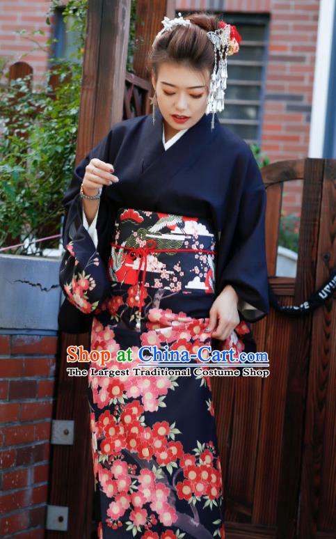 Asian Japan Printing Plum Blossom Kimono Costume Japanese Traditional Middle Age Woman Black Yukata Dress