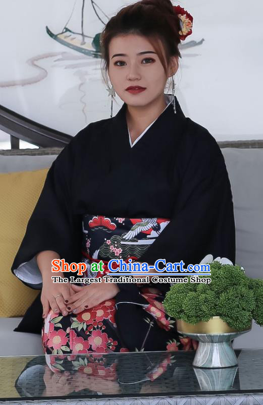 Asian Japan Printing Plum Blossom Kimono Costume Japanese Traditional Middle Age Woman Black Yukata Dress