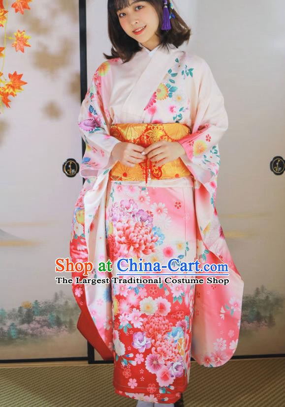 Asian Japan Printing Sakura Pink Furisode Kimono Costume Japanese Traditional Stage Performance Yukata Dress