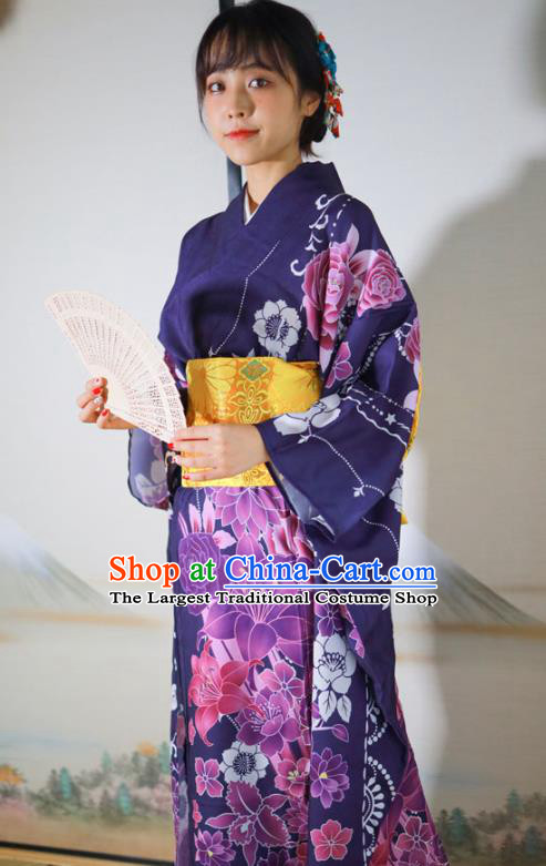 Asian Japan Middle Age Woman Furisode Kimono Costume Japanese Traditional Printing Flowers Purple Yukata Dress