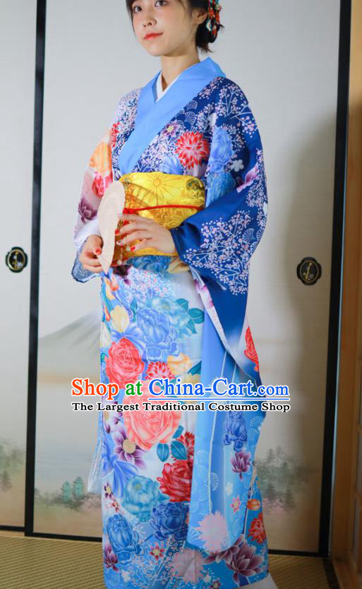 Asian Japan Printing Flowers Blue Furisode Kimono Costume Japanese Traditional Festival Young Lady Yukata Dress