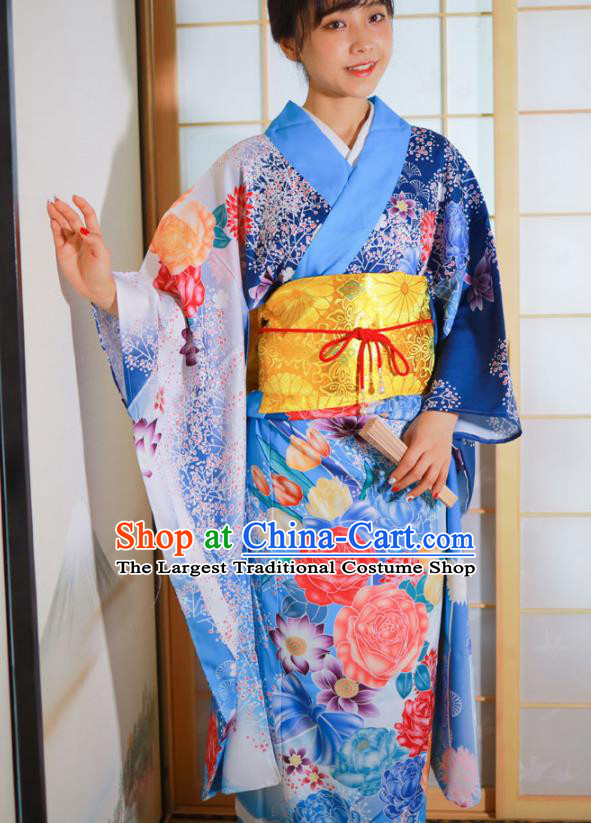 Asian Japan Printing Flowers Blue Furisode Kimono Costume Japanese Traditional Festival Young Lady Yukata Dress