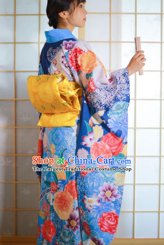 Asian Japan Printing Flowers Blue Furisode Kimono Costume Japanese Traditional Festival Young Lady Yukata Dress