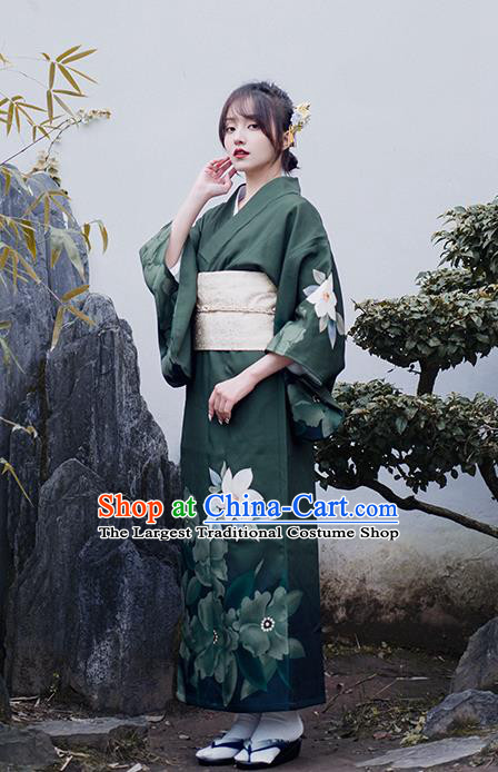 Asian Japan Printing Flowers Dark Green Kimono Clothing Japanese Traditional Summer Festival Yukata Dress