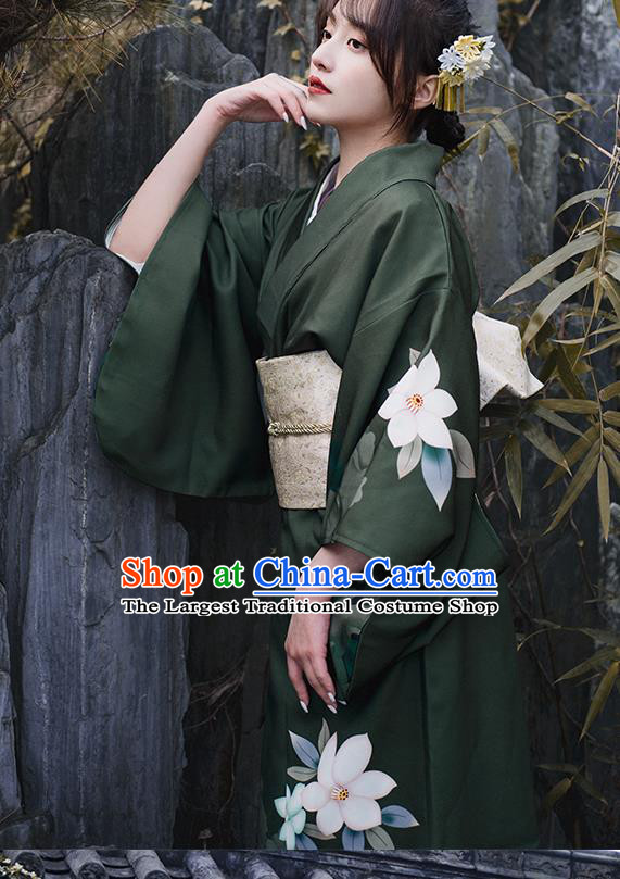 Asian Japan Printing Flowers Dark Green Kimono Clothing Japanese Traditional Summer Festival Yukata Dress