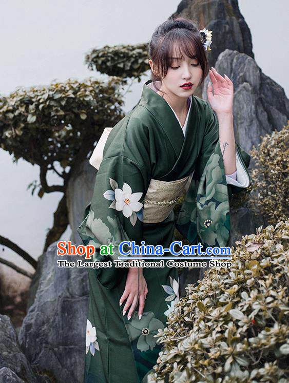 Asian Japan Printing Flowers Dark Green Kimono Clothing Japanese Traditional Summer Festival Yukata Dress