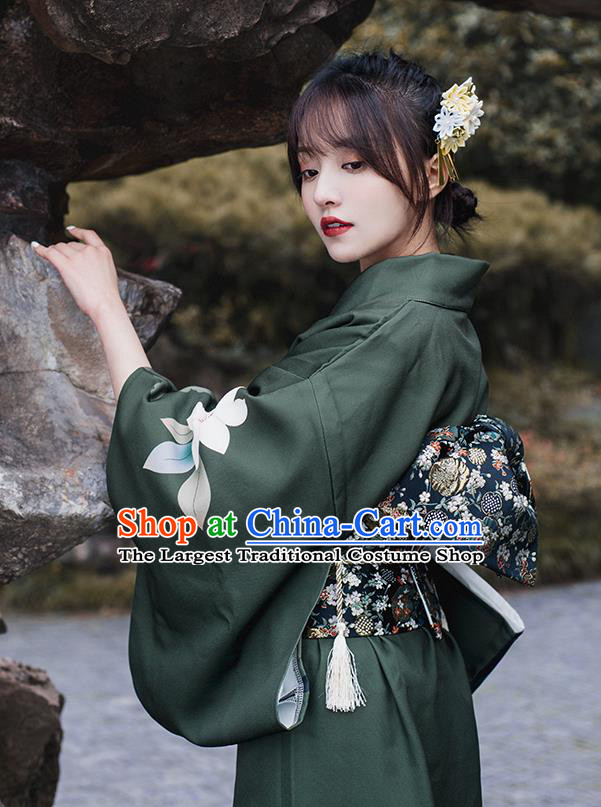 Asian Japan Printing Flowers Dark Green Kimono Clothing Japanese Traditional Summer Festival Yukata Dress