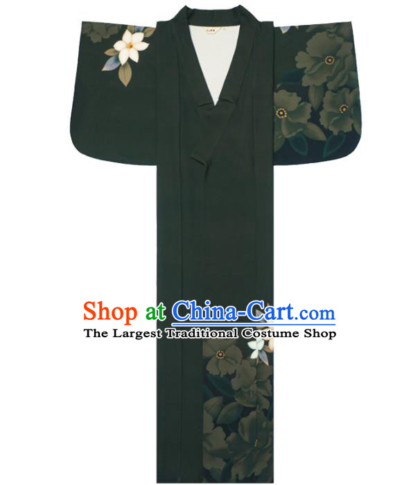 Asian Japan Printing Flowers Dark Green Kimono Clothing Japanese Traditional Summer Festival Yukata Dress