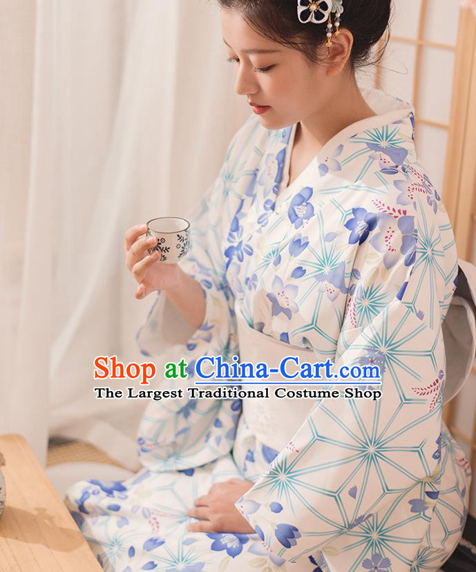 Japanese Traditional Hanabi Taikai Yukata Dress Asian Japan Summer Festival Printing White Kimono Fashion
