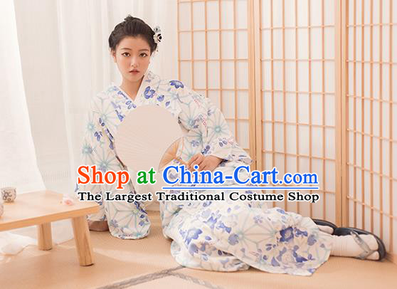 Japanese Traditional Hanabi Taikai Yukata Dress Asian Japan Summer Festival Printing White Kimono Fashion