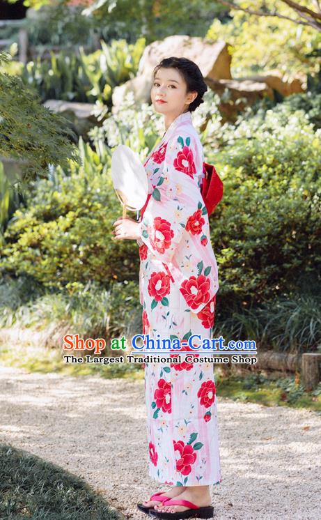 Japanese Traditional Printing Camellia Yukata Dress Asian Japan Hanabi Taikai Young Woman Pink Kimono Fashion