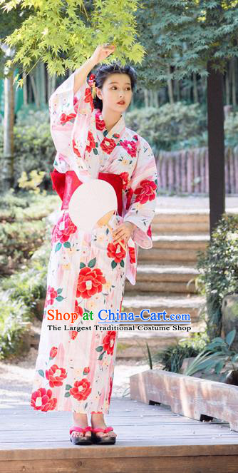 Japanese Traditional Printing Camellia Yukata Dress Asian Japan Hanabi Taikai Young Woman Pink Kimono Fashion