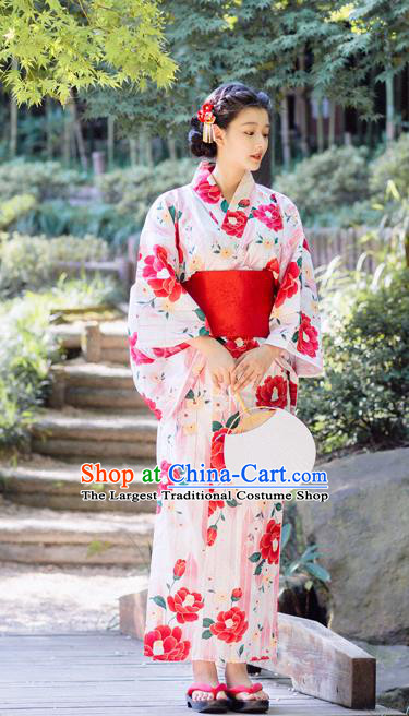 Japanese Traditional Printing Camellia Yukata Dress Asian Japan Hanabi Taikai Young Woman Pink Kimono Fashion