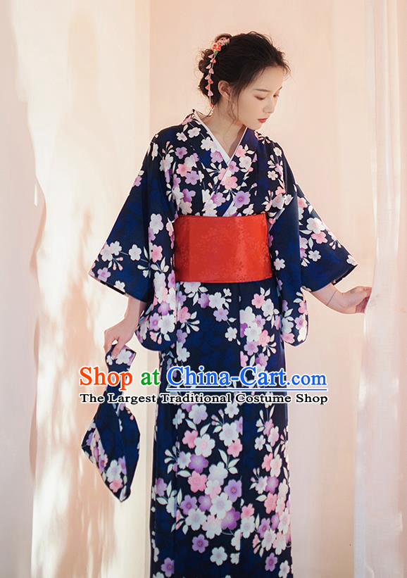 Japanese Traditional Printing Sakura Navy Yukata Dress Asian Japan Young Lady Kimono Fashion