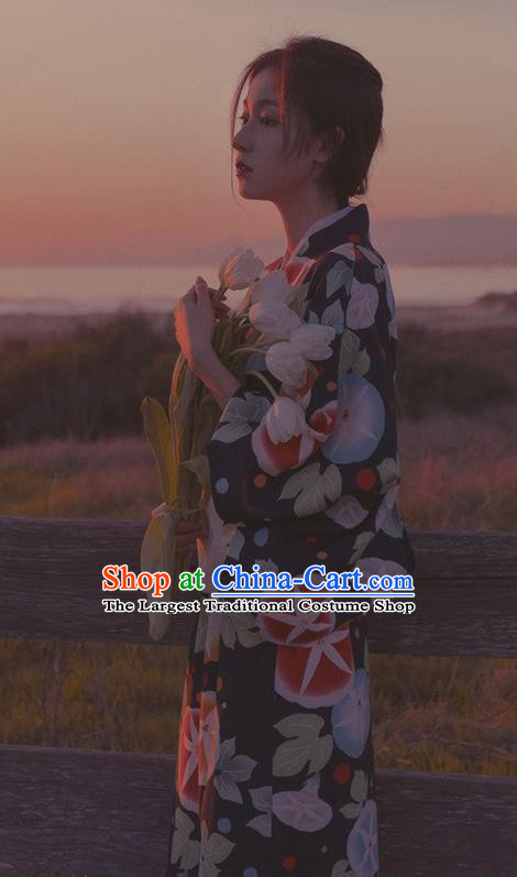 Asian Japan Young Lady Kimono Fashion Japanese Traditional Printing Petunia Navy Yukata Dress