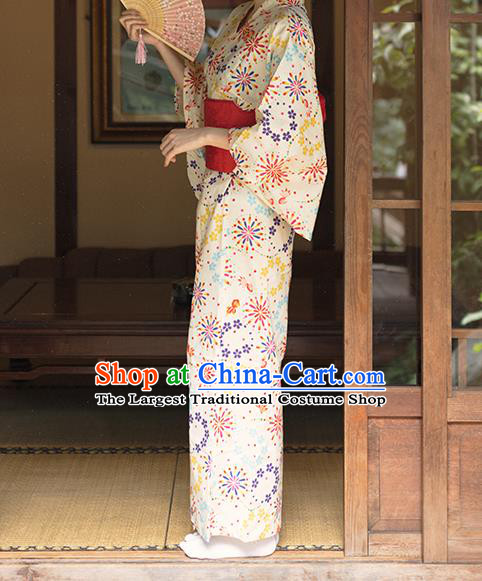 Asian Japan Printing Fairworks Beige Kimono Fashion Japanese Traditional Hanabi Taikai Yukata Dress