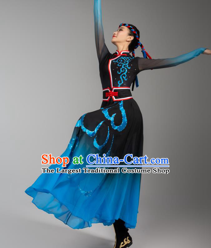 China Traditional Mongol Nationality Woman Clothing Mongolian Ethnic Goose Dance Blue Black Dress Outfits