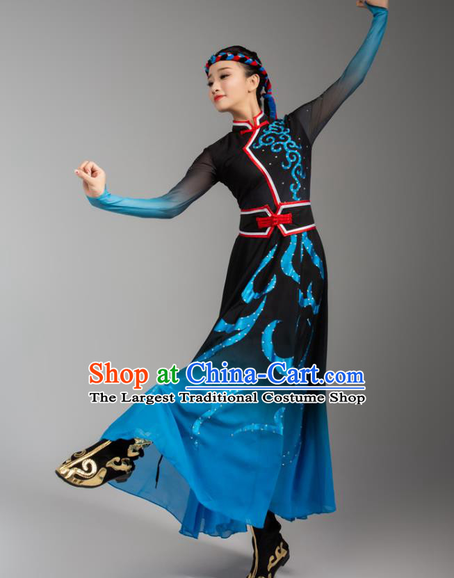 China Traditional Mongol Nationality Woman Clothing Mongolian Ethnic Goose Dance Blue Black Dress Outfits