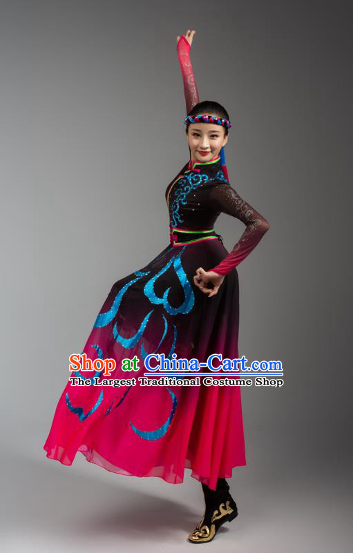 China Mongolian Ethnic Goose Dance Rosy Dress Outfits Traditional Mongol Nationality Woman Clothing