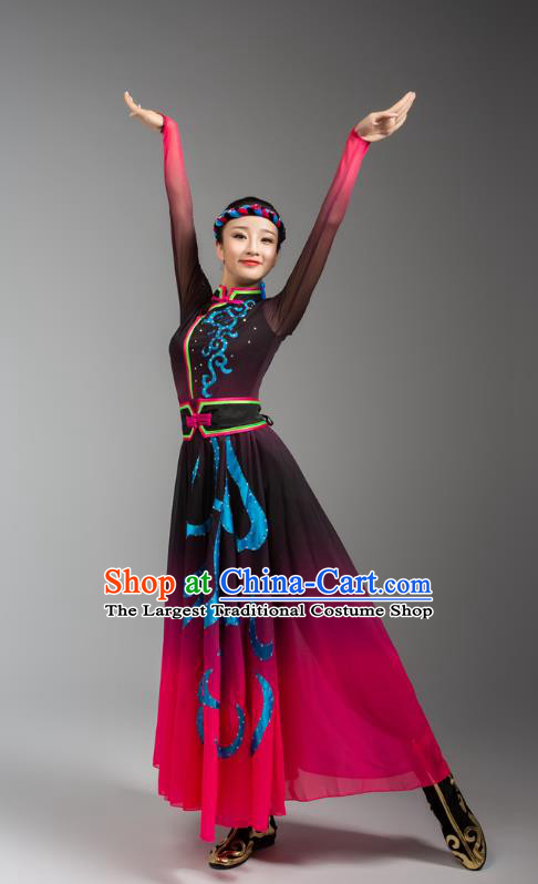 China Mongolian Ethnic Goose Dance Rosy Dress Outfits Traditional Mongol Nationality Woman Clothing